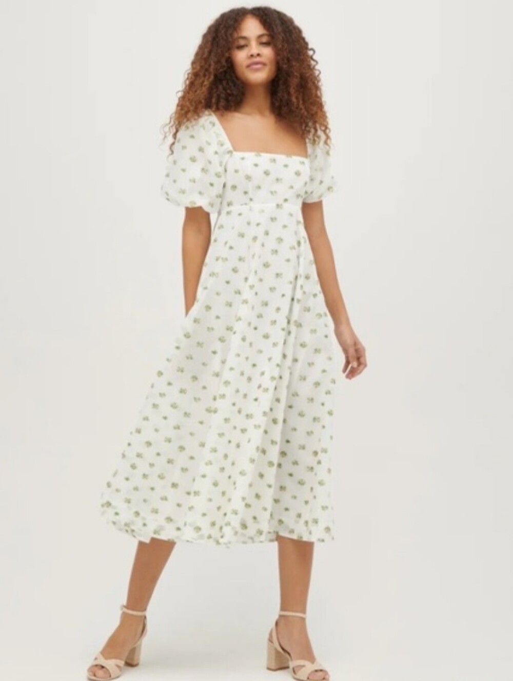 Hill House White Matilda Dress with Green Floral Print and Puff Sleeves